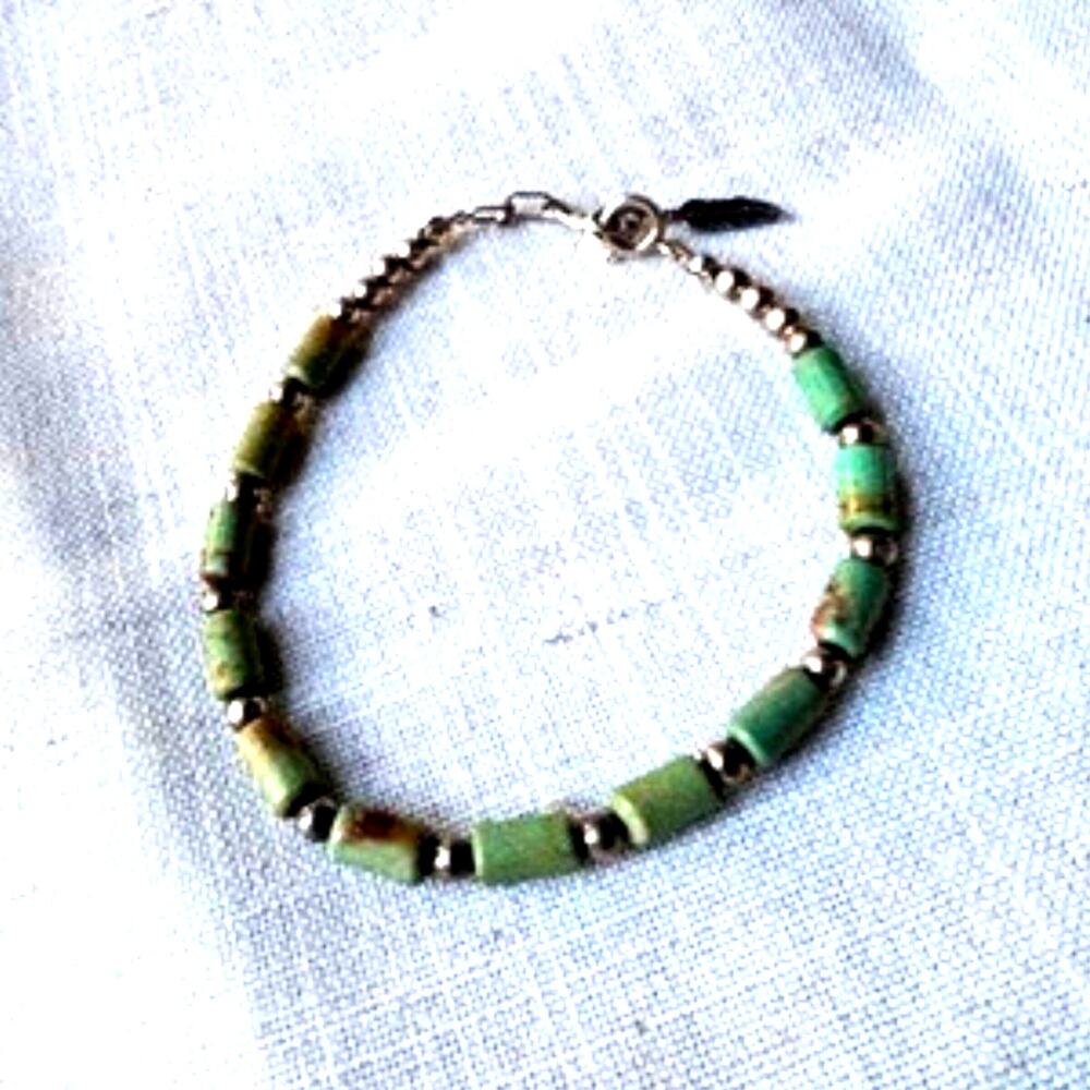 African Turquoise Jasper & Sterling Silver Beaded Bracelet 7” Tribal Boho